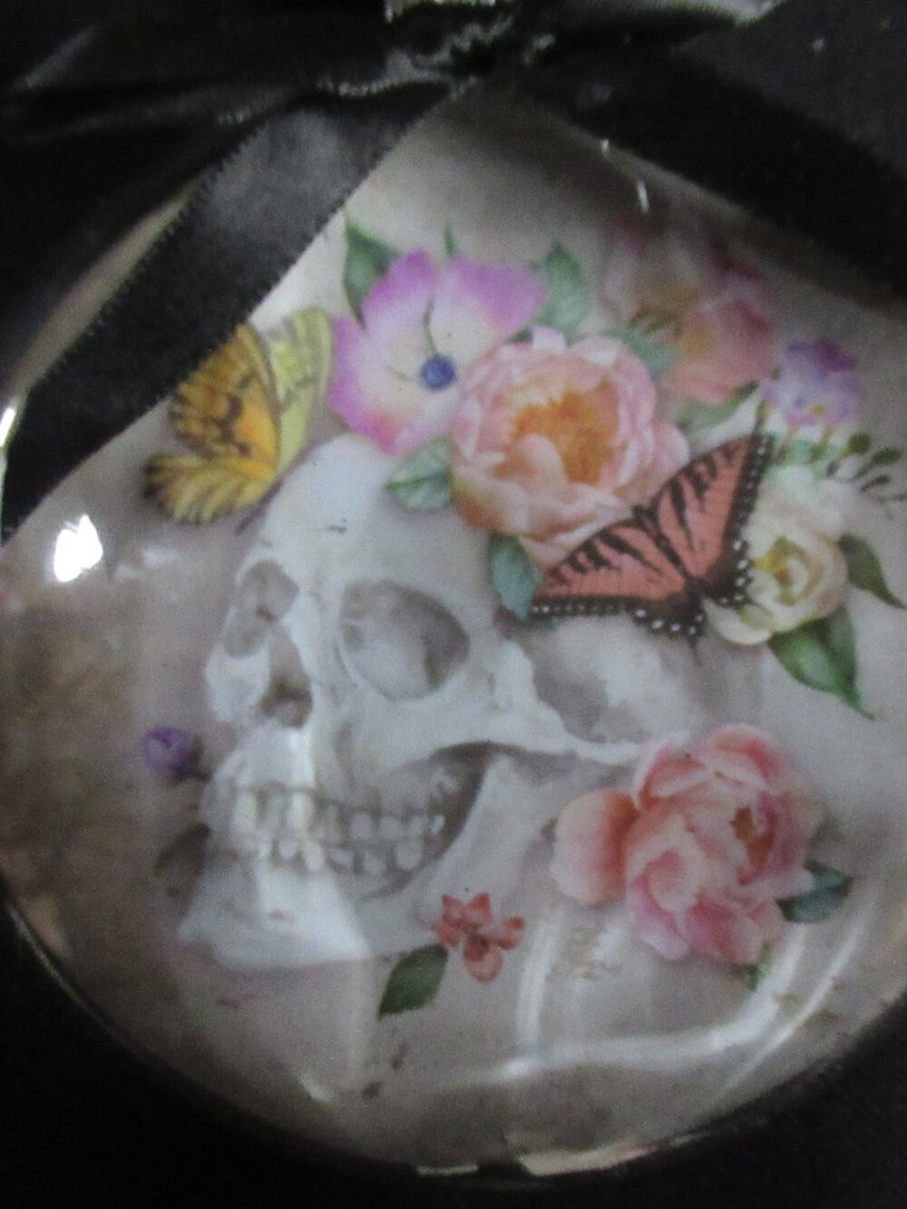 Round Skull Roses Butterfly Glass Ornament - Picture 2 of 3